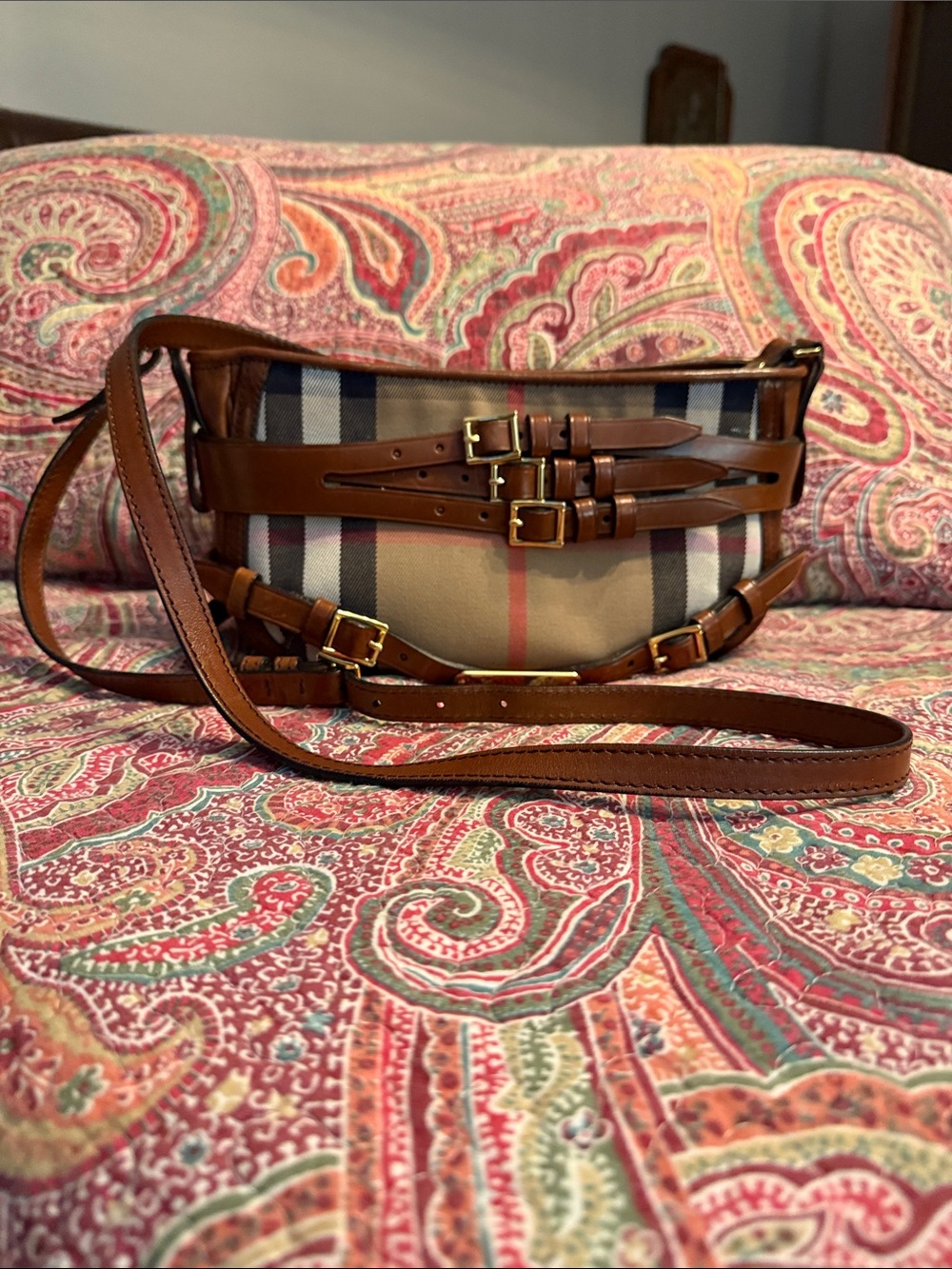 Burberry Brown Leather Trim Check Canvas Crossbody